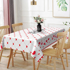 Aperturee - Aperturee Happy Valentines Day Text Rectangle Tablecloth Red Hanging Heart Grid Festive Holiday Dining Decor