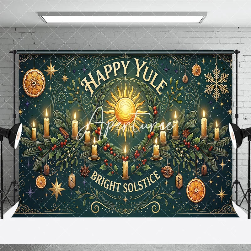 Aperturee - Aperturee Happy Yule Bright Solstice Sun and Candles Winter Holiday Backdrop Festive Greenery with Gold Stars and Oranges