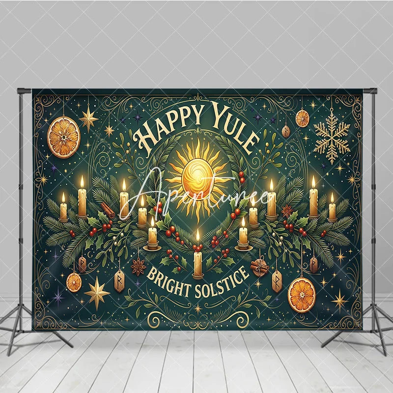 Aperturee - Aperturee Happy Yule Bright Solstice Sun and Candles Winter Holiday Backdrop Festive Greenery with Gold Stars and Oranges