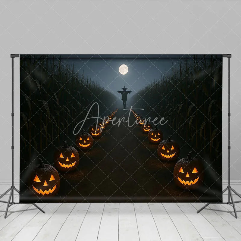 Aperturee - Aperturee Haunted Cornfield Photography Backdrop Spooky Scarecrow and Jack-o-lanterns Halloween Night Photo Background