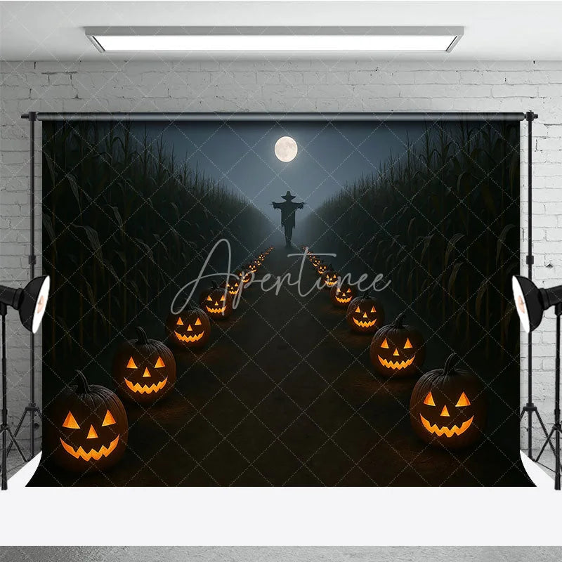Aperturee - Aperturee Haunted Cornfield Photography Backdrop Spooky Scarecrow and Jack-o-lanterns Halloween Night Photo Background