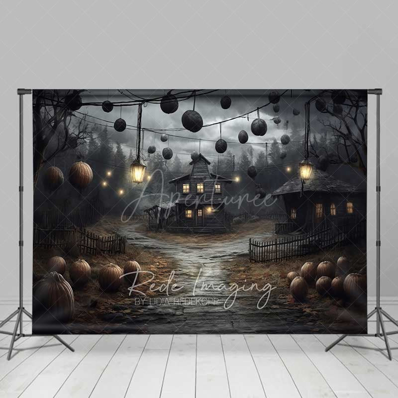 Aperturee Aperturee Haunted Farmhouse in a Spooky Forest Photography Backdrop Creepy Old House with Lanterns Halloween Night Scenery