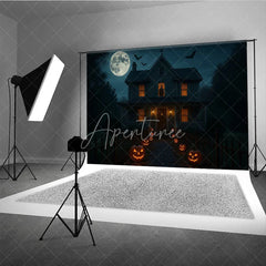 Aperturee - Aperturee Haunted House at Night Photography Backdrop Spooky Full Moon with Jack-o-lanterns Halloween Party Decor