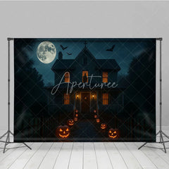 Aperturee - Aperturee Haunted House at Night Photography Backdrop Spooky Full Moon with Jack-o-lanterns Halloween Party Decor