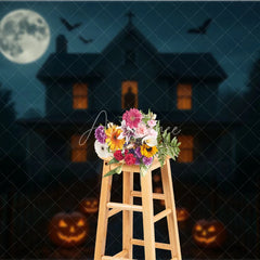 Aperturee - Aperturee Haunted House at Night Photography Backdrop Spooky Full Moon with Jack-o-lanterns Halloween Party Decor