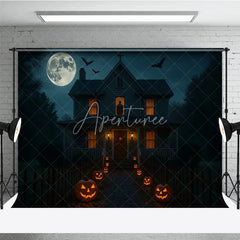 Aperturee - Aperturee Haunted House at Night Photography Backdrop Spooky Full Moon with Jack-o-lanterns Halloween Party Decor