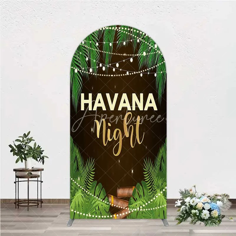 Aperturee - Aperturee Havana Night Arch Backdrop Tropical Palm Leaves and String Lights Background Summer Party Decoration Tension Fabric
