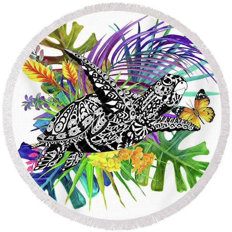 Aperturee - Aperturee Hawaii Grass Butterfly Sweet Vibe Round Beach Towel