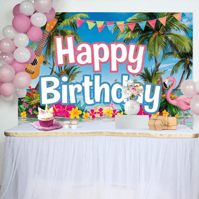 Aperturee - Aperturee Hawaii Summer Vibe Ocean Flamingo Birthday Backdrop