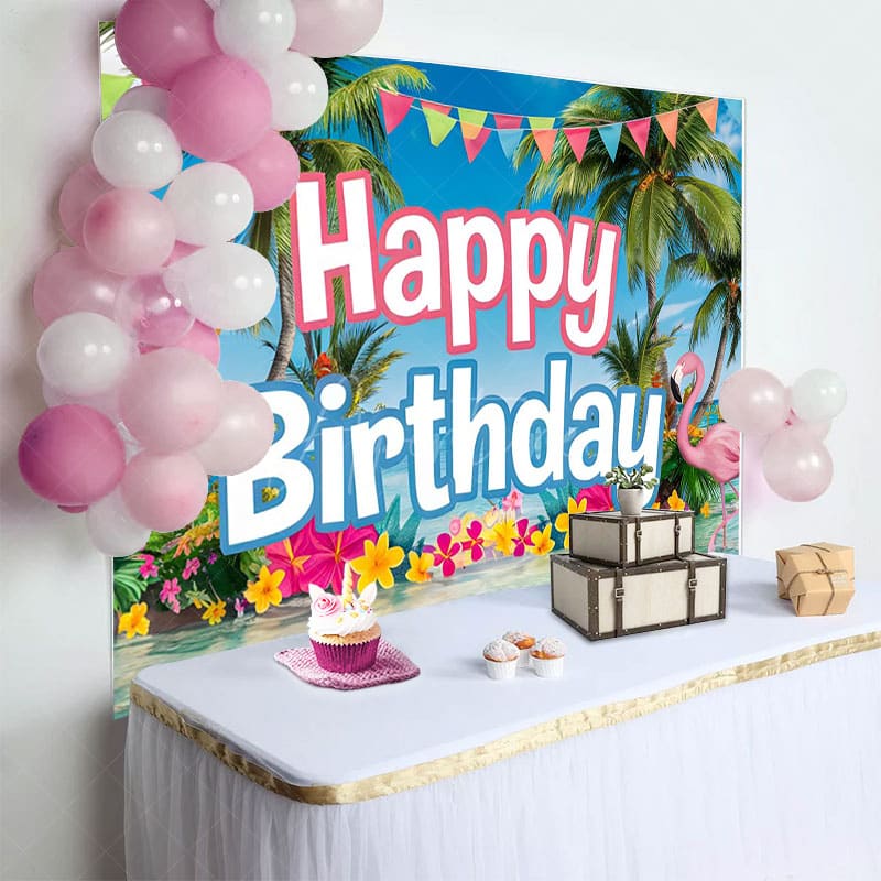 Aperturee - Aperturee Hawaii Summer Vibe Ocean Flamingo Birthday Backdrop