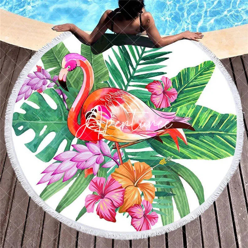 Aperturee - Aperturee Hawaiian Flamingo Summer Holiday Round Beach Towel