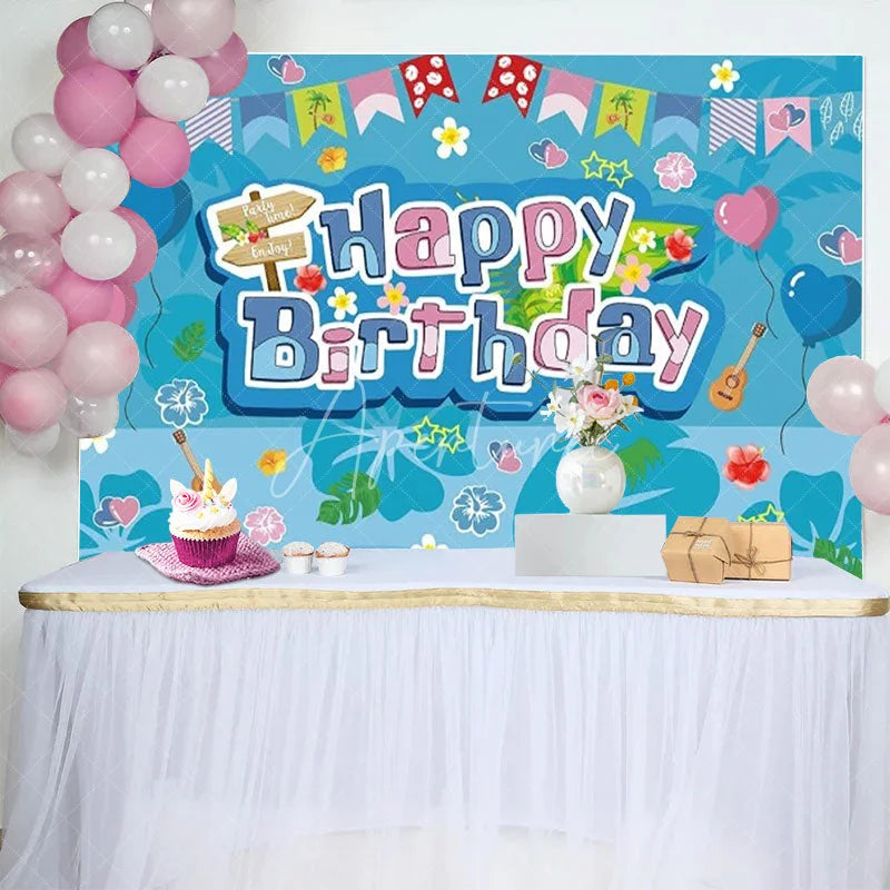 Aperturee - Aperturee Hawaiian Luau Happy Birthday Backdrop Blue Tropical with Surfboard and Ukulele Summer Beach Party Decor