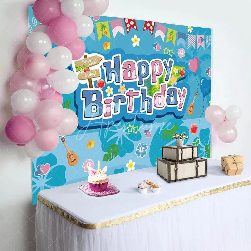Aperturee - Aperturee Hawaiian Luau Happy Birthday Backdrop Blue Tropical with Surfboard and Ukulele Summer Beach Party Decor