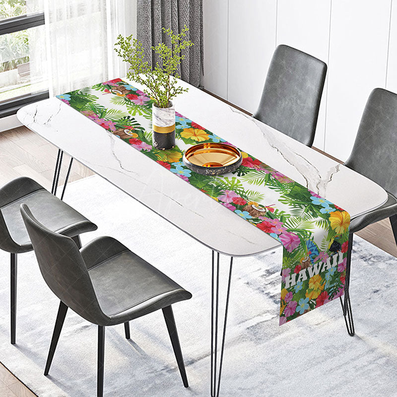 Aperturee - Aperturee Hawaiian Summer Table Runner with Vivid Tropical Plants for Greenery Luau Party and Beach House Decor