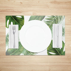 Aperturee - Aperturee Hawaiian Tropical Placemats Set of 4 Fresh Green Boho Palm Leaves for Summer Luau and Beach Party