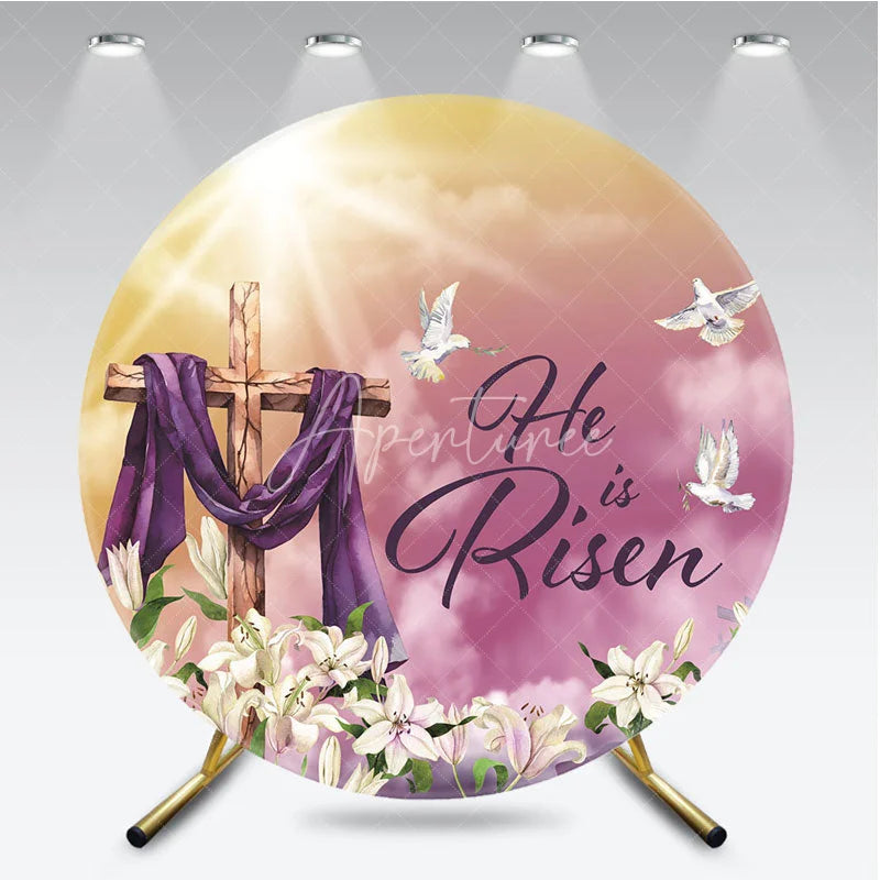 Aperturee - Aperturee He is Risen Easter Cross Lilies Doves Round Backdrop Religious Celebration Party Decor