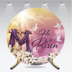 Aperturee - Aperturee He is Risen Easter Cross Lilies Doves Round Backdrop Religious Celebration Party Decor