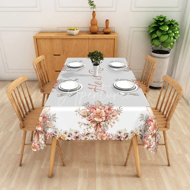 Aperturee - Aperturee He Is Risen Pink Lily Rectangle Tablecloth Religious Cross Floral Table Cover Easter Church Dining Decor