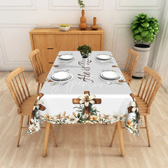 Aperturee - Aperturee He Is Risen Wooden Cross Rectangle Tablecloth White Lily Religious Table Cover Christian Easter Home Decor