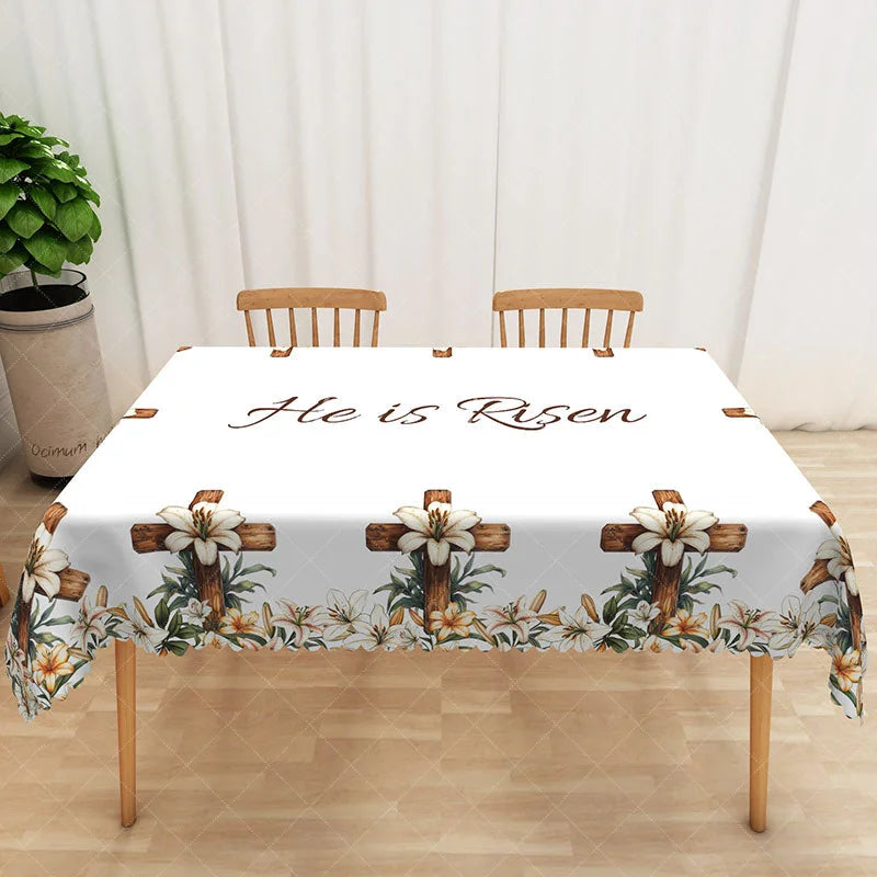 Aperturee - Aperturee He Is Risen Wooden Cross Rectangle Tablecloth White Lily Religious Table Cover Christian Easter Home Decor