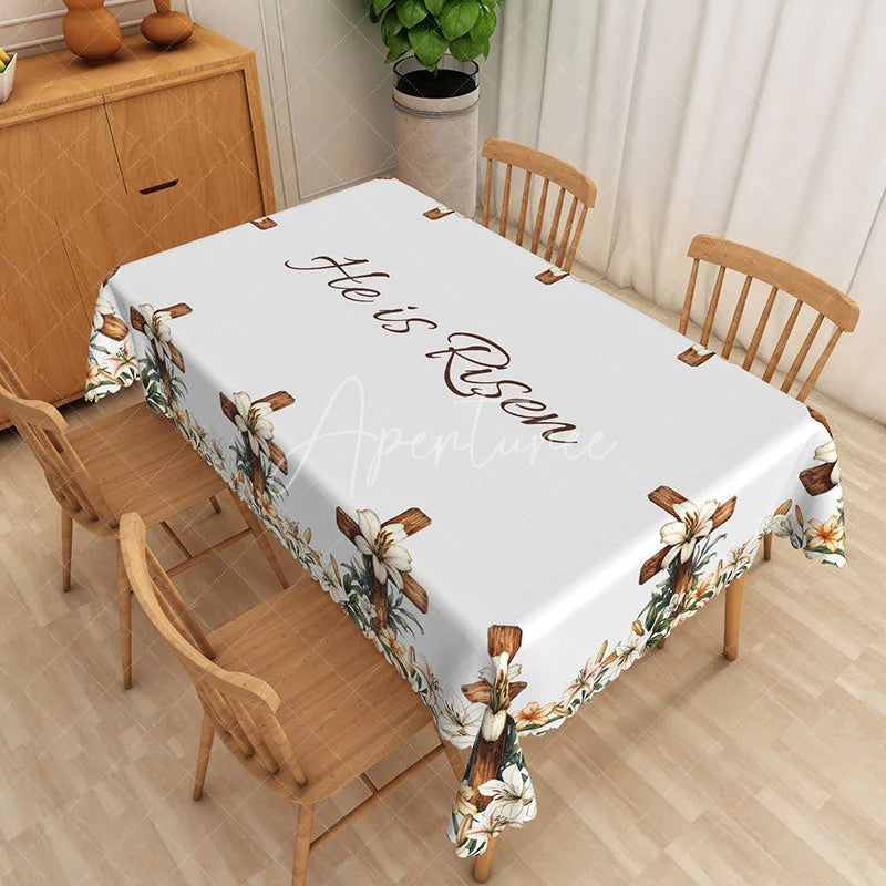 Aperturee - Aperturee He Is Risen Wooden Cross Rectangle Tablecloth White Lily Religious Table Cover Christian Easter Home Decor