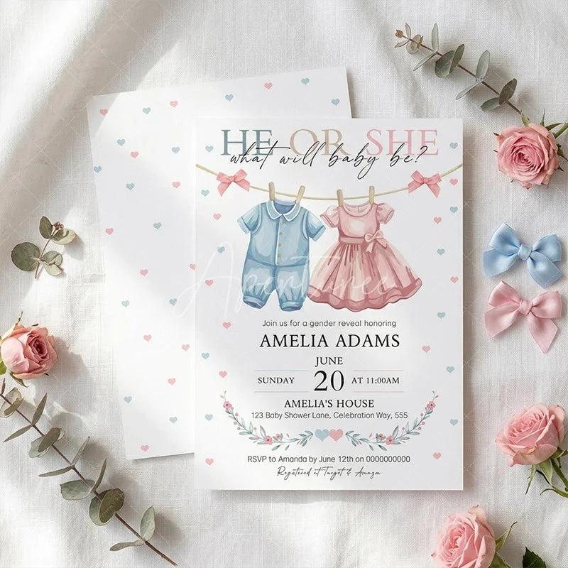 Aperturee - Aperturee Set of 20 He or She Baby Clothes Gender Reveal Invitation Personalized Pink and Blue Hearts Baby Shower Party Decor