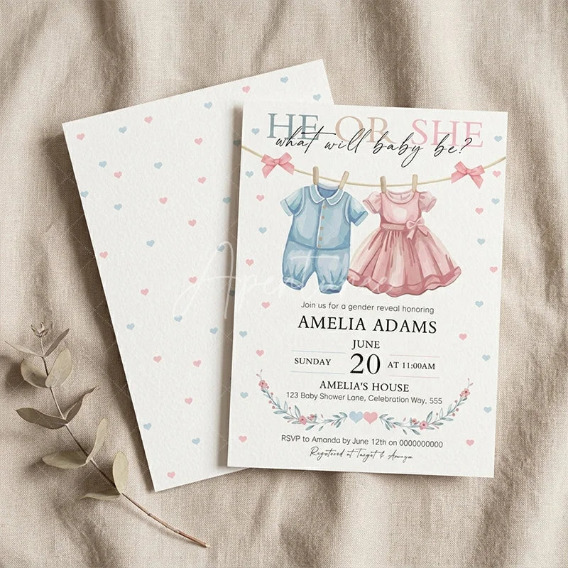 Aperturee - Aperturee Set of 20 He or She Baby Clothes Gender Reveal Invitation Personalized Pink and Blue Hearts Baby Shower Party Decor