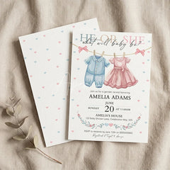 Aperturee - Aperturee Set of 20 He or She Baby Clothes Gender Reveal Invitation Personalized Pink and Blue Hearts Baby Shower Party Decor