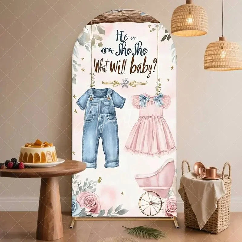 Aperturee - Aperturee He or She Gender Reveal Arch Backdrop Baby Clothes and Floral Stroller Pink and Blue Party Decorations