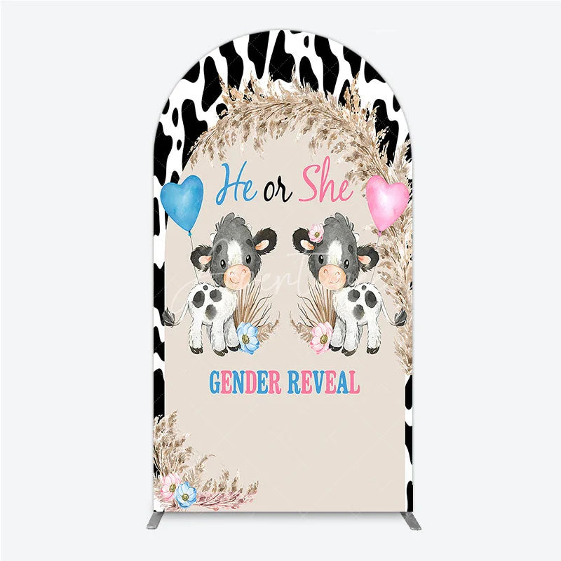Aperturee - Aperturee He or She Gender Reveal Cow Arch Backdrop Western Farm Animal and Pampas Grass Party Cover