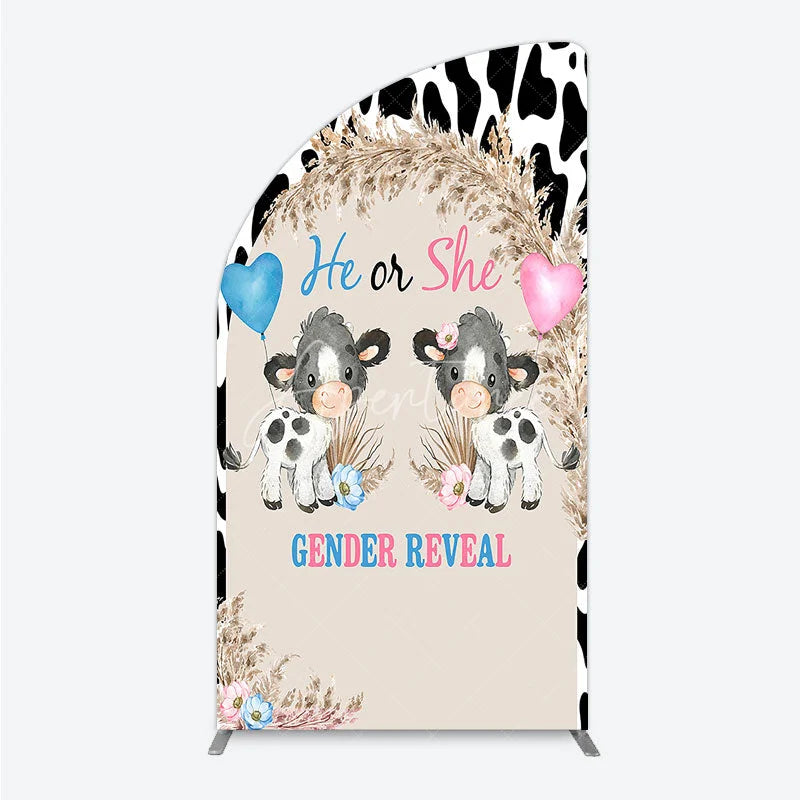 Aperturee - Aperturee He or She Gender Reveal Cow Half Moon Arch Backdrop Western Farm Animal and Pampas Grass Party Cover