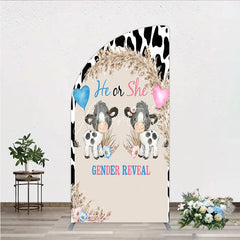 Aperturee - Aperturee He or She Gender Reveal Cow Half Moon Arch Backdrop Western Farm Animal and Pampas Grass Party Cover