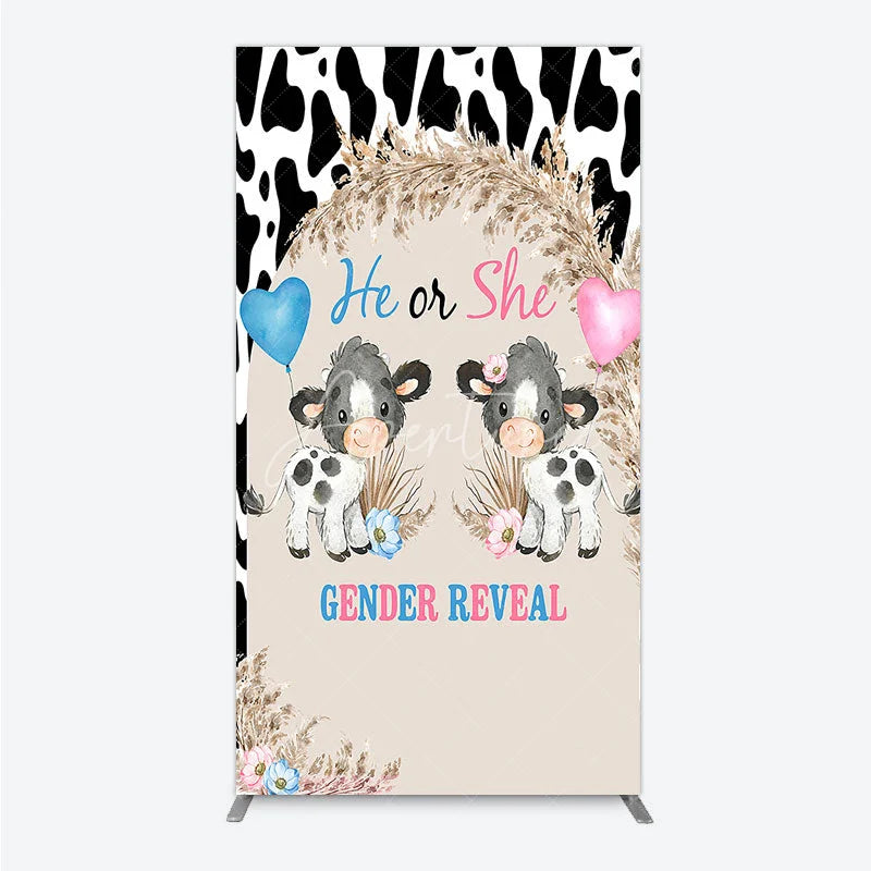 Aperturee - Aperturee He or She Gender Reveal Cow Rectangle Backdrop Western Farm Animal and Pampas Grass Party Cover