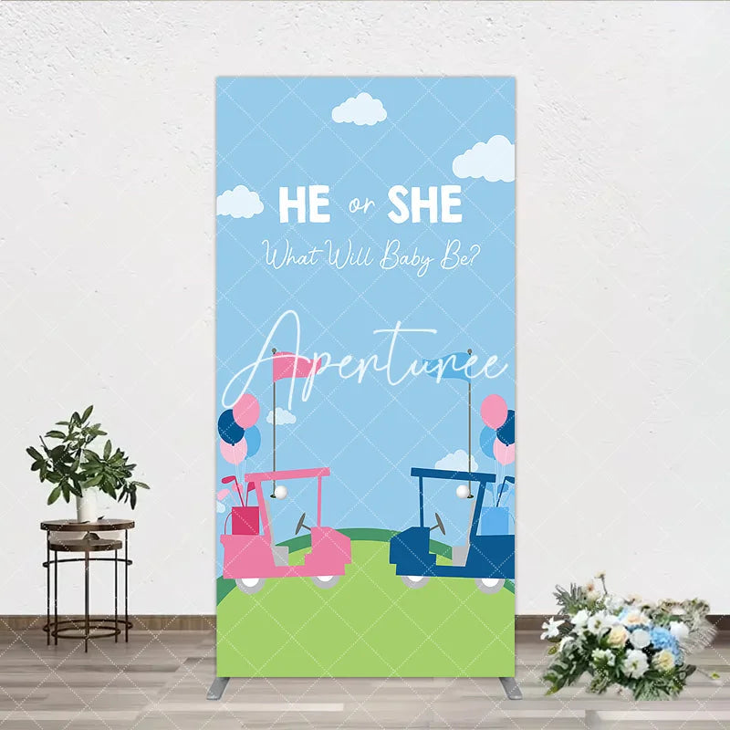 Aperturee - Aperturee He or She Golf Theme Gender Reveal Rectangle Arch Backdrop Pink and Blue Baby Shower Party Decor