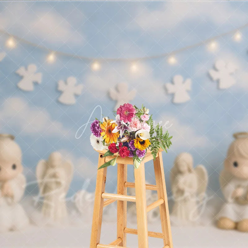Aperturee - Aperturee Heavenly Little Angel and Blue Sky Photo Backdrop Cherub Blessing Birthday Photography Background