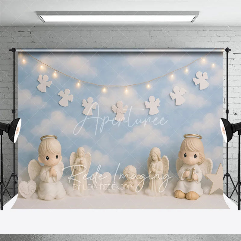 Aperturee - Aperturee Heavenly Little Angel and Blue Sky Photo Backdrop Cherub Blessing Birthday Photography Background