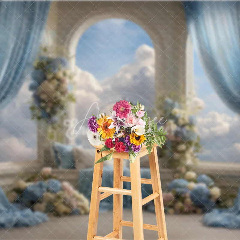 Aperturee - Aperturee Heavenly Window Seat Backdrop Blue Drapes with Sky View Elegant Wedding Floral Photography Background
