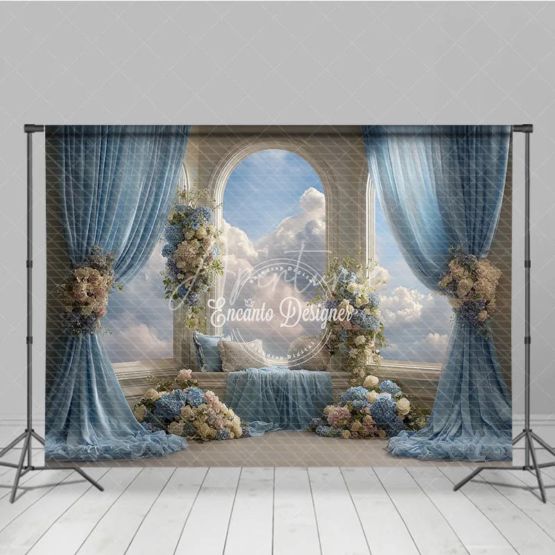 Aperturee - Aperturee Heavenly Window Seat Backdrop Blue Drapes with Sky View Elegant Wedding Floral Photography Background
