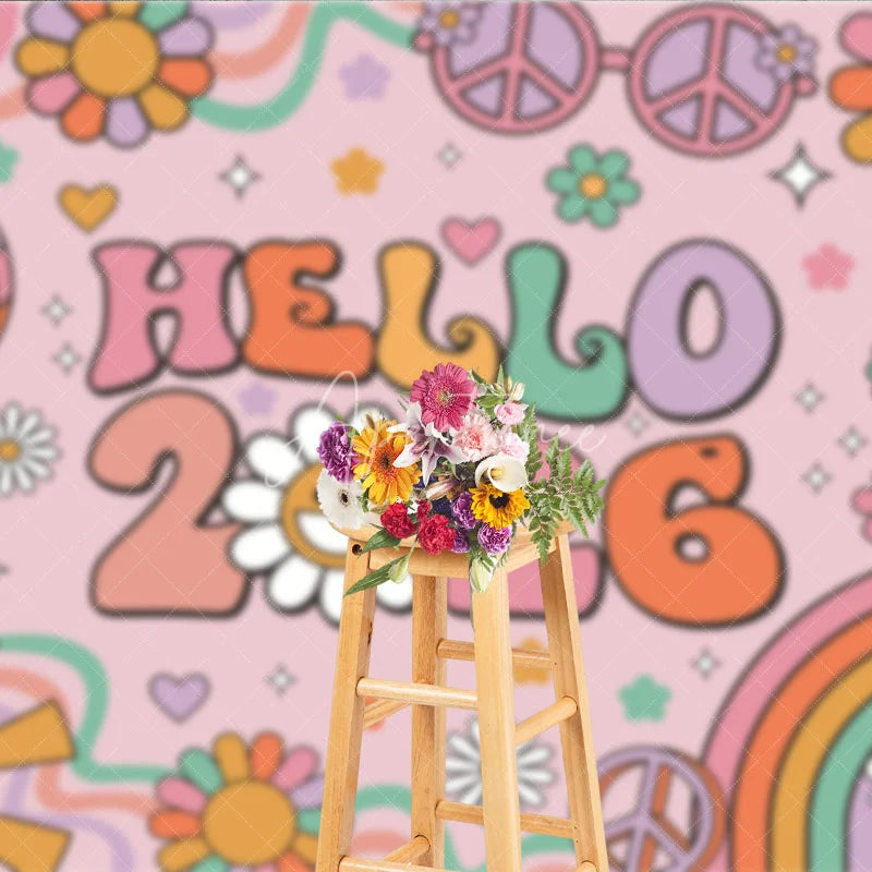 Aperturee - Aperturee Hello 2026 Groovy New Year Backdrop Retro 70s Hippie Theme with Disco Ball Peace Signs and Rainbow Party Decor