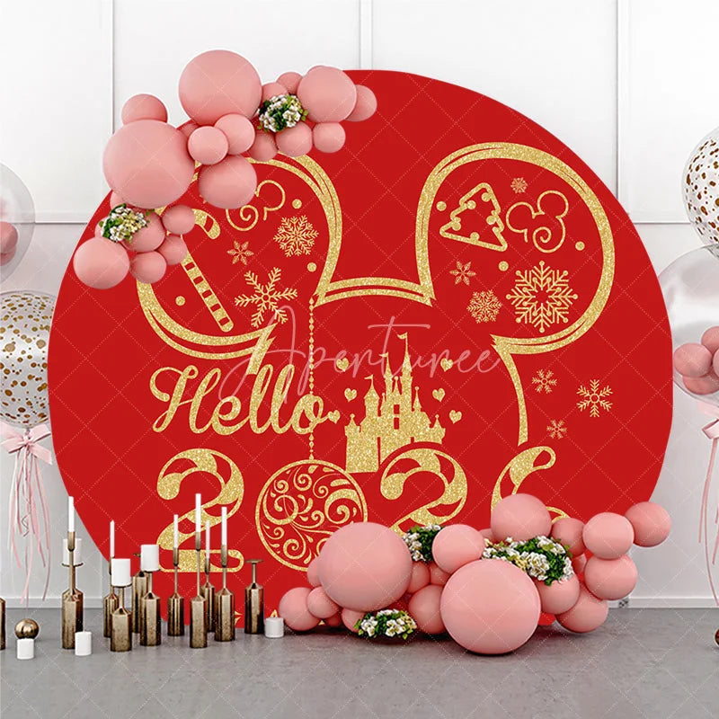 Aperturee - Aperturee Hello 2026 New Year Round Backdrop with Mouse Ears and Castle Red and Gold Glitter Magical Kingdom Party Decor