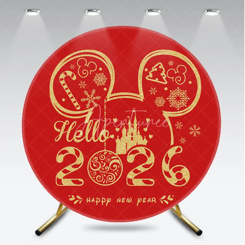 Aperturee - Aperturee Hello 2026 New Year Round Backdrop with Mouse Ears and Castle Red and Gold Glitter Magical Kingdom Party Decor