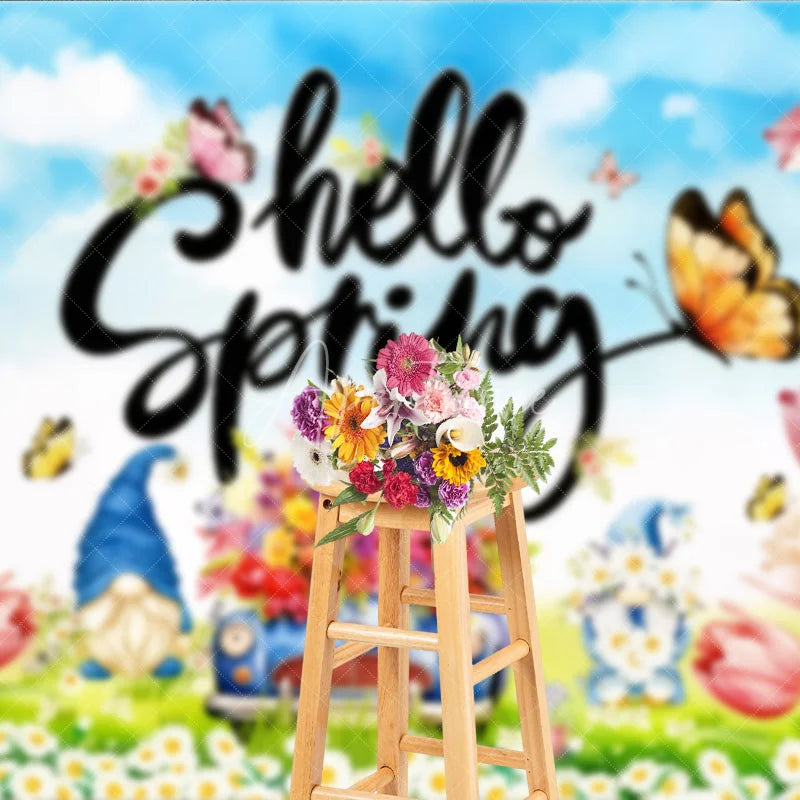 Aperturee - Aperturee Hello Spring Backdrop Colorful Tulips and Garden Gnomes Flower Car Background Springtime Nature Butterfly Party Decor