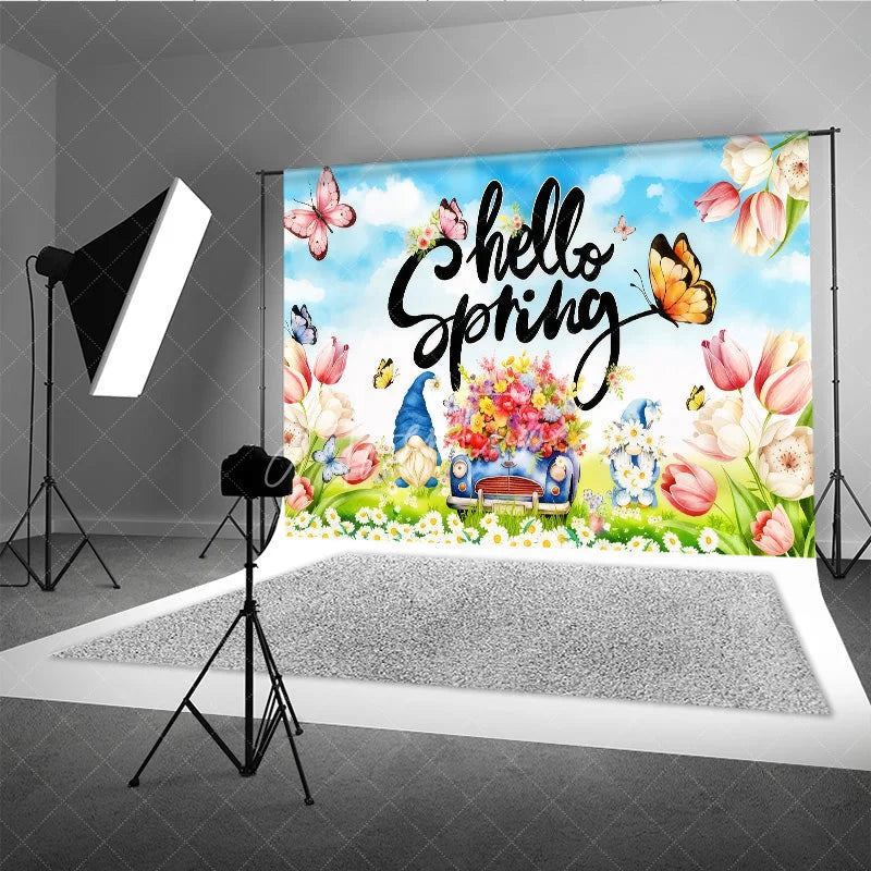 Aperturee - Aperturee Hello Spring Backdrop Colorful Tulips and Garden Gnomes Flower Car Background Springtime Nature Butterfly Party Decor