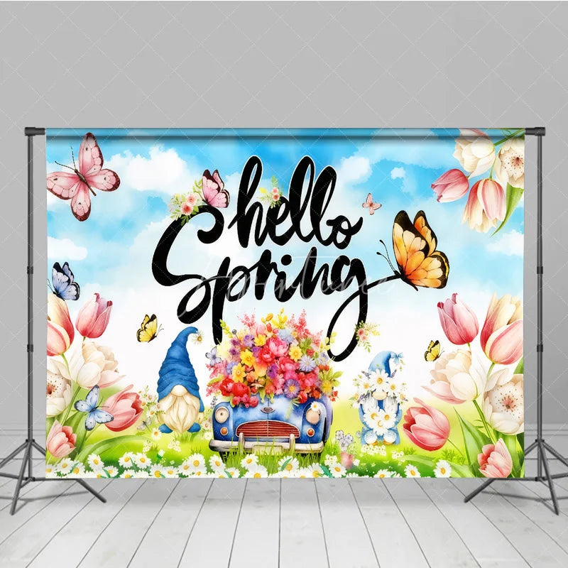 Aperturee - Aperturee Hello Spring Backdrop Colorful Tulips and Garden Gnomes Flower Car Background Springtime Nature Butterfly Party Decor