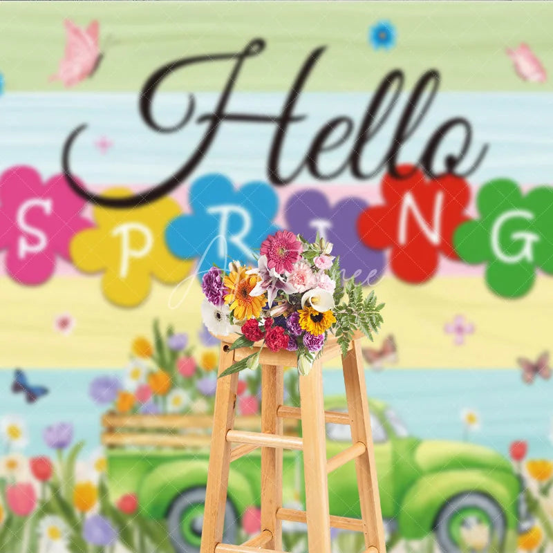 Aperturee - Aperturee Hello Spring Backdrop Green Truck with Colorful Tulips and Butterfly Background Seasonal Garden Nature Party Decor