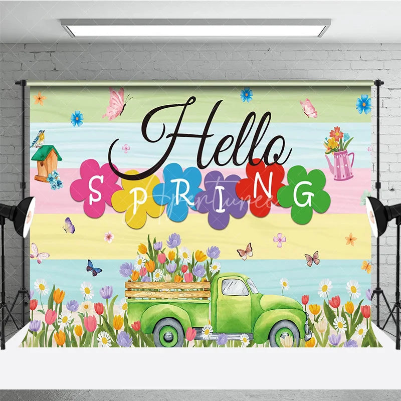 Aperturee - Aperturee Hello Spring Backdrop Green Truck with Colorful Tulips and Butterfly Background Seasonal Garden Nature Party Decor