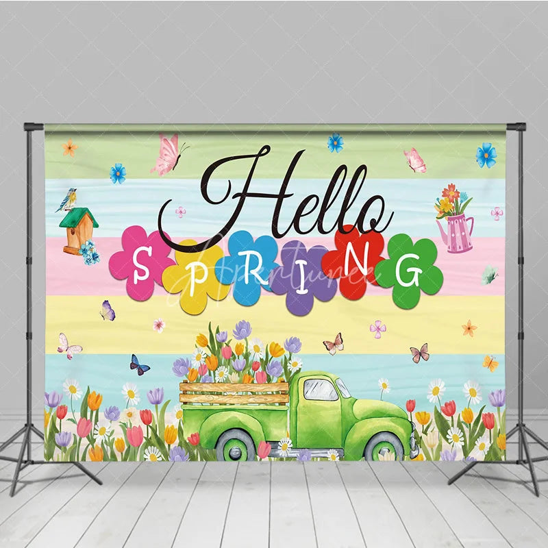 Aperturee - Aperturee Hello Spring Backdrop Green Truck with Colorful Tulips and Butterfly Background Seasonal Garden Nature Party Decor