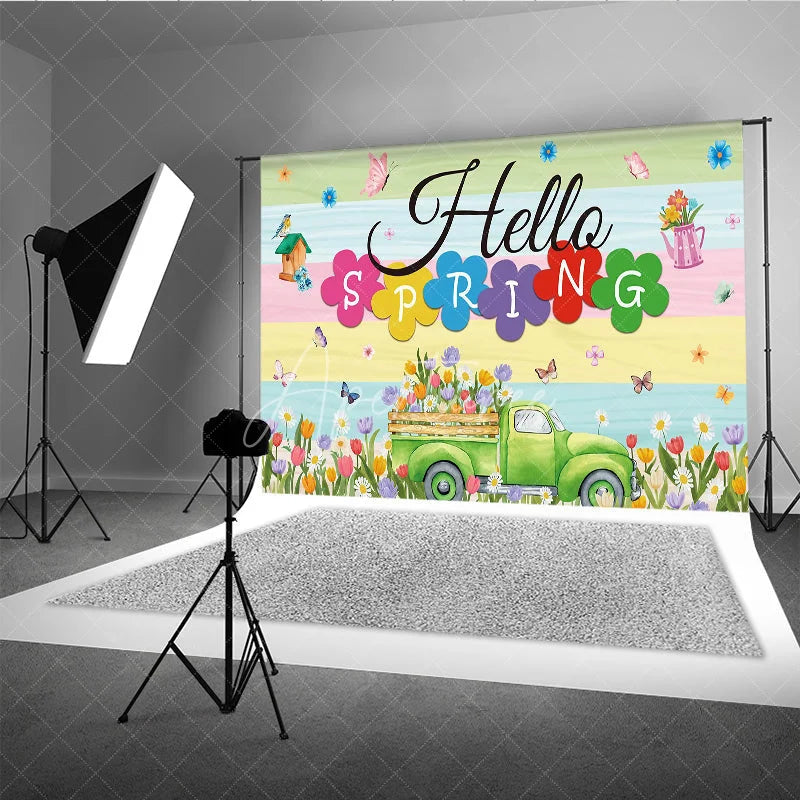 Aperturee - Aperturee Hello Spring Backdrop Green Truck with Colorful Tulips and Butterfly Background Seasonal Garden Nature Party Decor