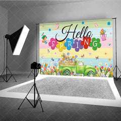 Aperturee - Aperturee Hello Spring Backdrop Green Truck with Colorful Tulips and Butterfly Background Seasonal Garden Nature Party Decor
