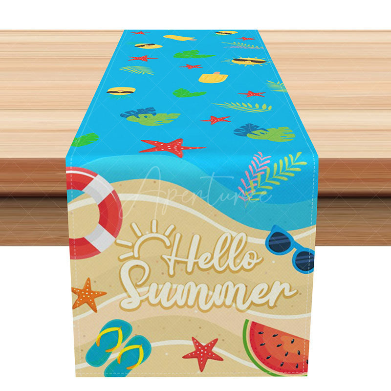 Aperturee - Aperturee Hello Summer Table Runner with Blue Beach and Sunshine Print for Coastal and Tropical Kitchen Decor
